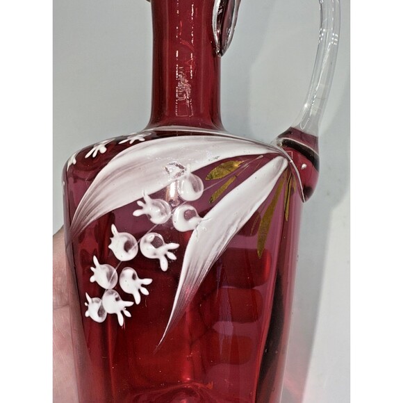 Vintage Victorian Cranberry Glass Jug W/Hand Painted White Flowers Gold Trim 7” - Picture 14 of 16
